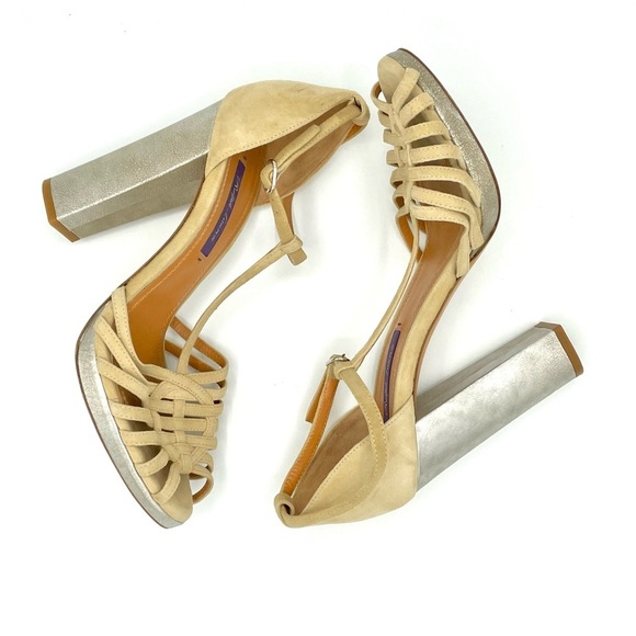RALPH LAUREN Purple Label Madeleen Suede Leather Metallic Heels Sandals Size 37 - Picture 1 of 11